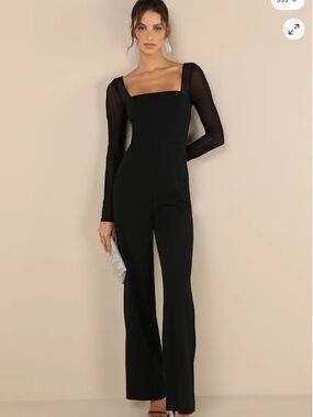 NWT LULUS Lovingly yours black mesh square neck long sleeve jumpsuit